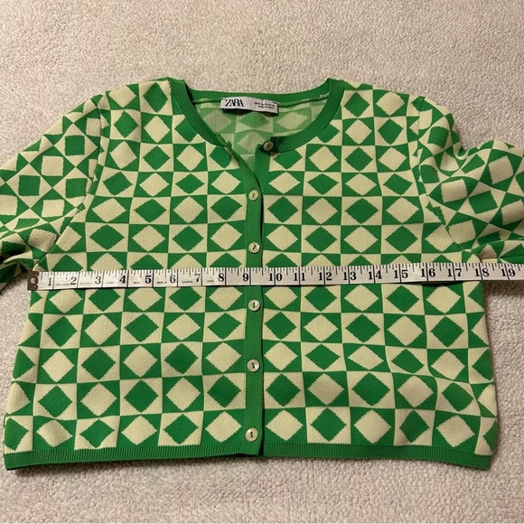 Zara Green Cream Geometric Button Front Cardigan Sweater Cropped Fitted - Picture 9 of 12